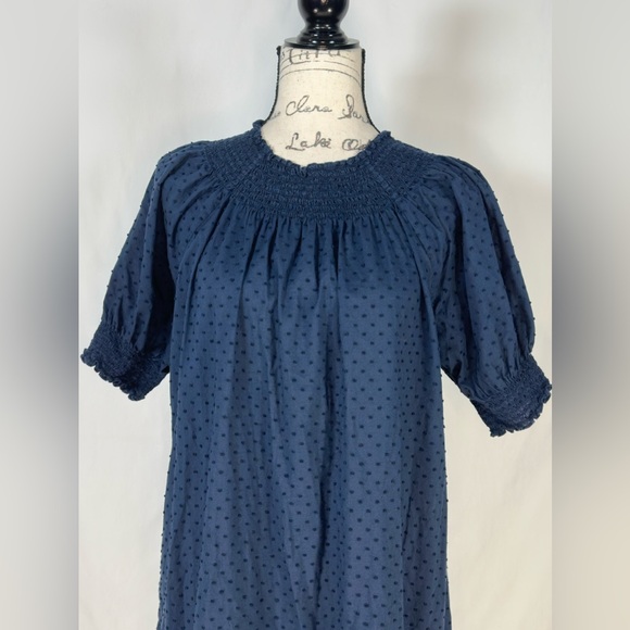 Quince Swiss Dot  Midi Nap Dress Smocked Neck Puff Sleeve XL Navy Blue Cotton - Picture 2 of 6